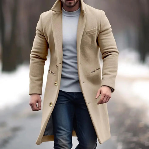 Elegant Men's Woolen Coat with Lapel Pockets - Single Breasted Long Sleeve Jacket Perfect for Autumn and Winter Casual Wear